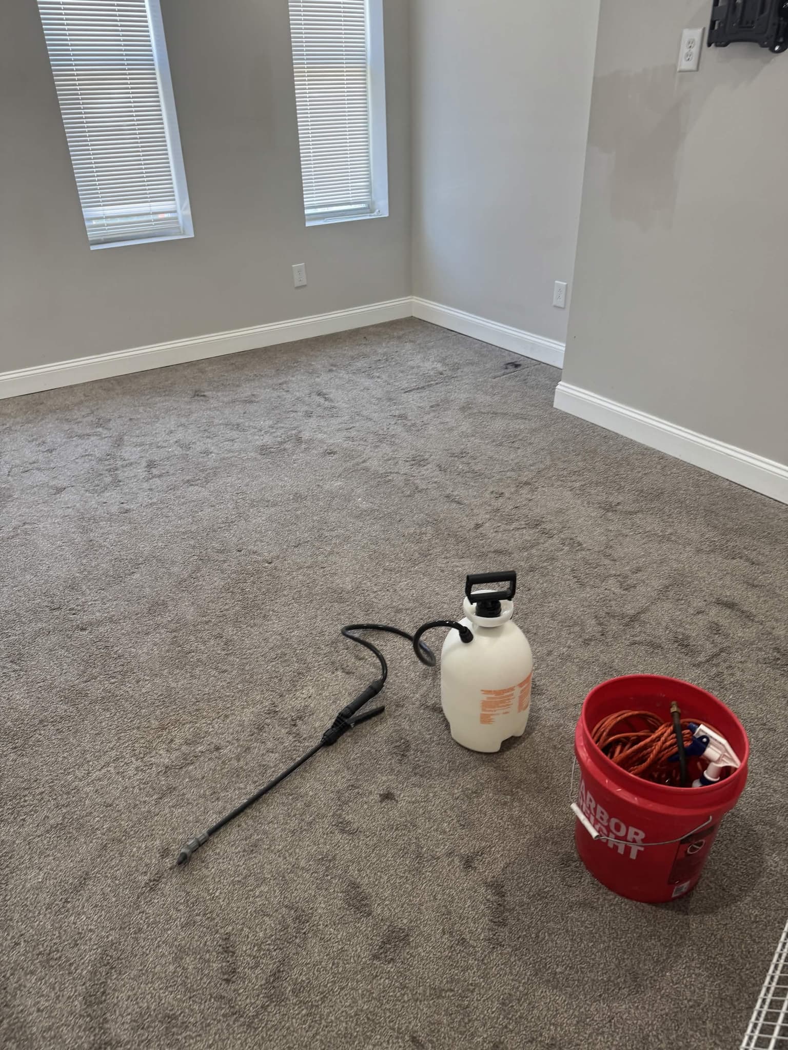 Professional carpet cleaning equipment and solutions being used in a bedroom