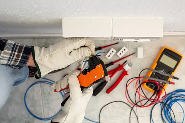 Electrician working on residential wiring for Mor Handy electrical services Electrician working on residential wiring for Mor Handy electrical services