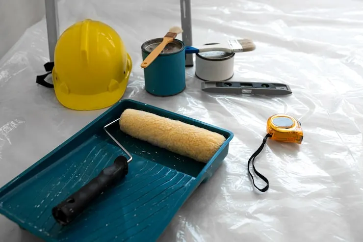 Painting tools and prep materials ready for a professional home painting project Painting tools and prep materials ready for a professional home painting project